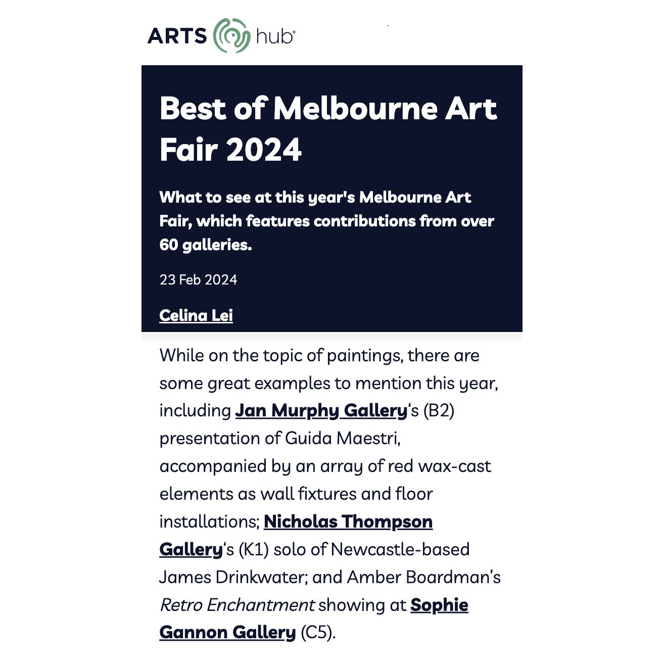 JAMES DRINKWATER IN ART GUIDE'S BEST OF THE MELBOURNE ART FAIR 2024
